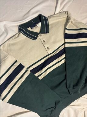 Vintage Puritan 80s 90s Boxy Polo Pullover Sweatshirt Cream, Hunter Green Navy